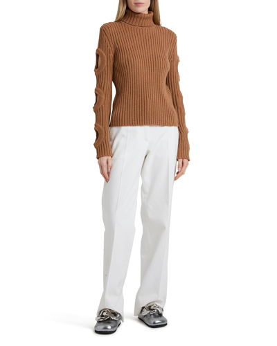 Shop Jw Anderson Merino Wool Cutout-sleeve Turtleneck Sweater In Beige