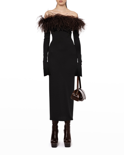 Shop 16arlington Orion Feathered Off-the-shoulder Midi Dress In Blackchoc