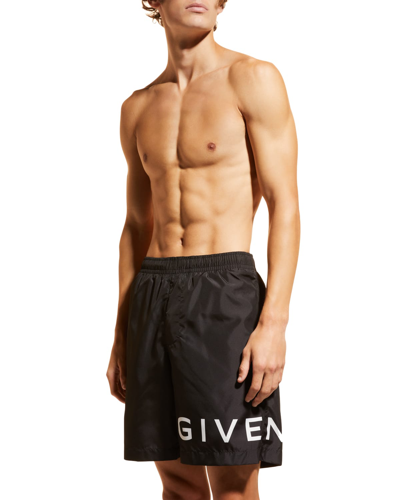 Shop Givenchy Men's Long Logo Swim Shorts In Black White