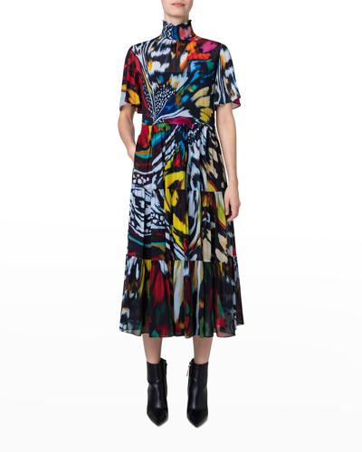 Shop Akris Punto Butterfly-print Tiered Midi Dress In Multicolor