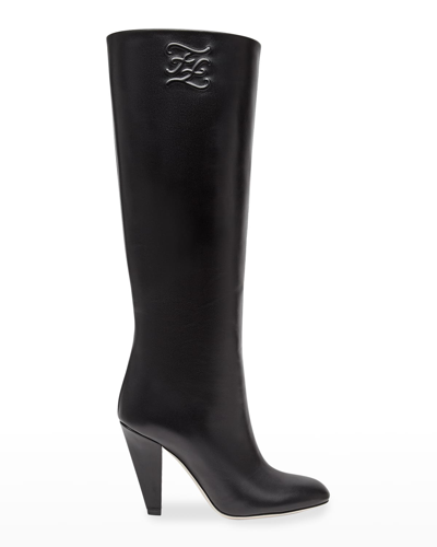 Shop Fendi 95mm Leather Knee Boots In Sabbia Bag