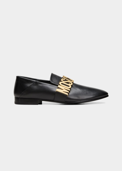 Shop Moschino Men's Metal Logo Leather Loafers In Black