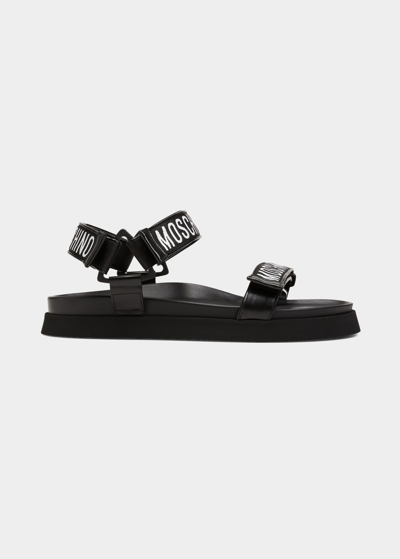 Shop Moschino Men's Webbed Logo Tape Leather Sandals In Black