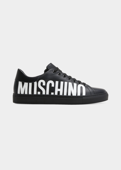 Shop Moschino Men's Leather Low-top Logo Sneakers In Black
