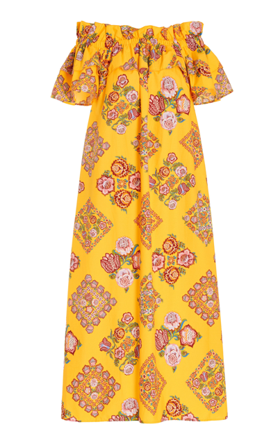 Shop La Doublej Women's Breakfast Off-the-shoulder Cotton Midi Dress In Yellow