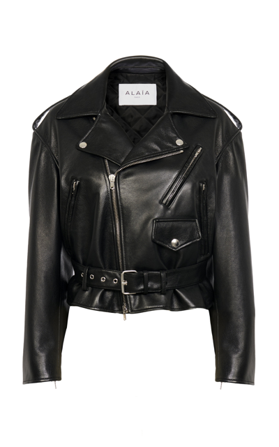 Shop Alaïa Boxy Leather Biker Jacket In Black