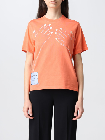 Shop Mcq By Alexander Mcqueen Mcq Striae Cotton T-shirt With Hands Embroidery In Coral