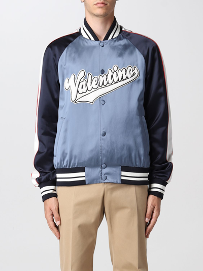 Shop Valentino Satin Bomber Jacket With Logo In Blue