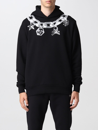Shop Philipp Plein Cotton Sweatshirt With Rx Chain Print In Black
