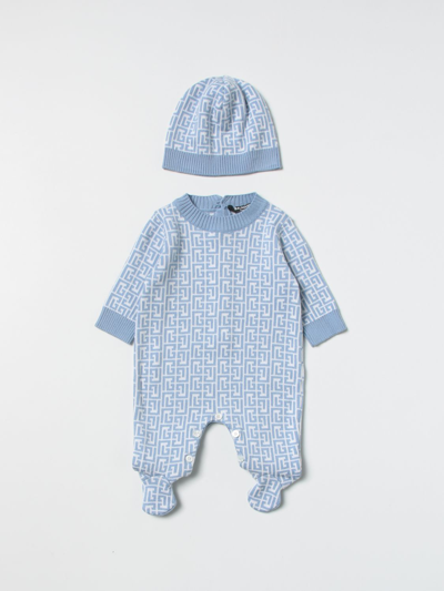Shop Balmain Footed Romper + Hat With Monogram Logo In Sky Blue