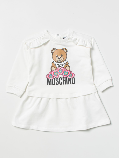 Shop Moschino Baby Dress With Teddy And Hearts Print In Yellow Cream