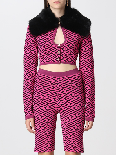 Shop Versace Cropped Cardigan With All-over Logo In Fuchsia
