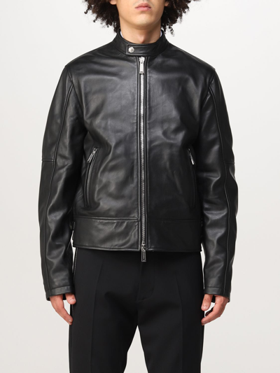 Dsquared2 Men Black Biker Jacket With Mandarin Collar And Waist Straps In Leather Man In Black