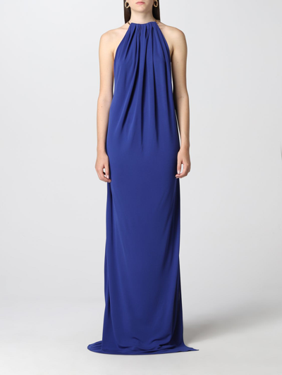 Shop Saint Laurent Long Dress With Halter Neckline In Royal Blue