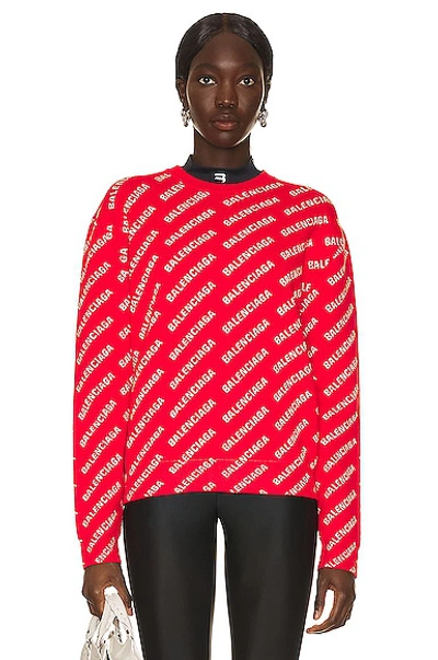 Shop Balenciaga All Over Logo Crewneck Sweater In Red & White