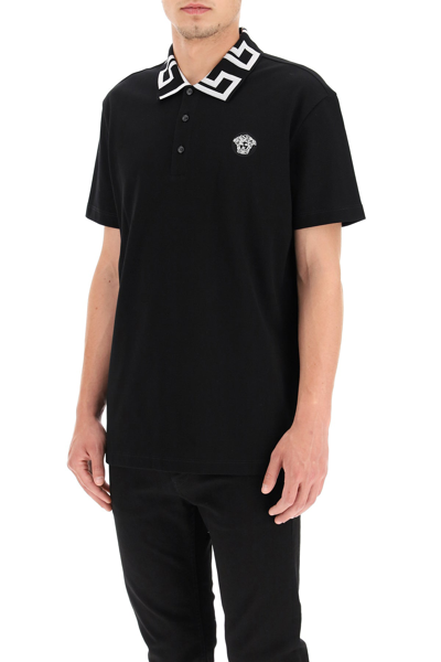 Shop Versace Greca Collar Polo Shirt In Black