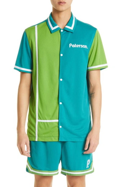 Shop Paterson Courtside Mesh Warm-up Short Sleeve Snap Front Shirt In Green Multi