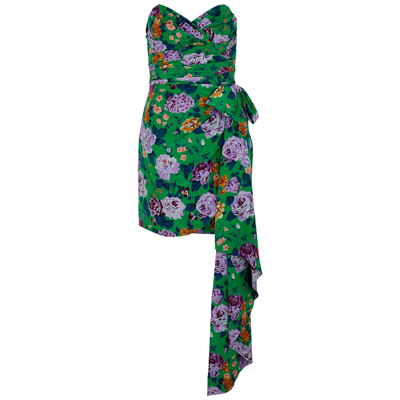 Shop Alessandra Rich Floral-print Strapless Silk Mini Dress In Green