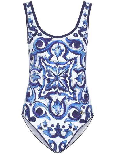 Shop Dolce & Gabbana Majolica-print Racerback Swimsuit In Blue