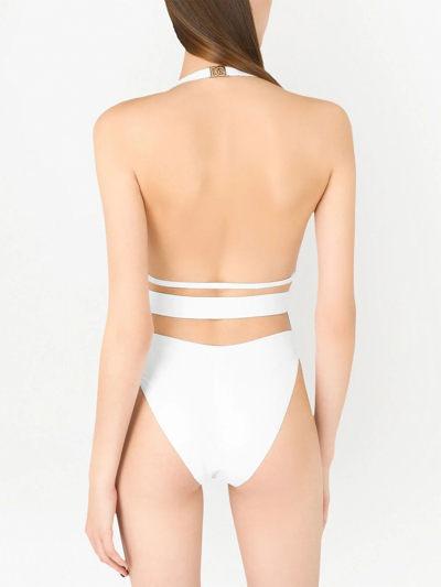 Shop Dolce & Gabbana Plunge-neck Belted Swimsuit In White