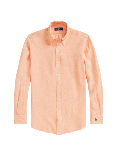 Shop Polo Ralph Lauren Chambray Linen Button-up Shirt In May Orange White