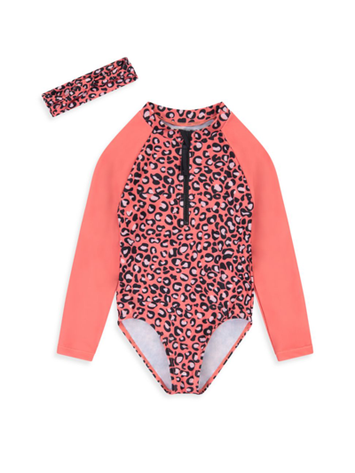Shop Andy & Evan Little Girl's Leopard Rashguard Swim Suit In Coral Multi