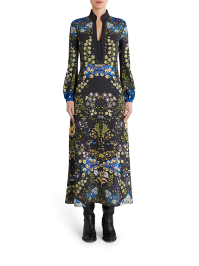 Shop Etro Long Dress With Leafy Floral Print In Black