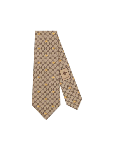 Shop Gucci Silk Tie With Bees And Gg Pattern In Brown