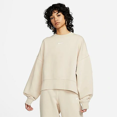 Shop Nike Women's Sportswear Collection Essentials Oversized Fleece Crewneck Sweatshirt In Sanddrift/white