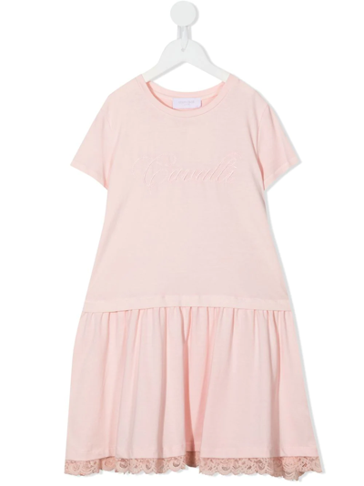 Shop Roberto Cavalli Junior Logo-embroidered Short-sleeved Dress In Pink