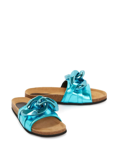 Jw Anderson Metallic Leather Chain Slide Sandals In Blue