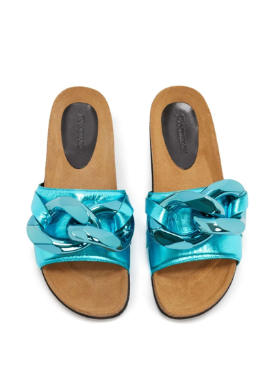 Jw Anderson Metallic Leather Chain Slide Sandals In Blue