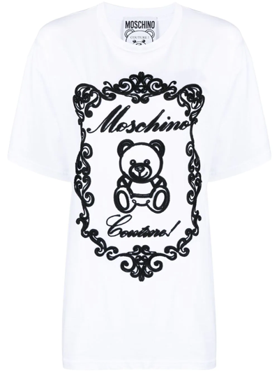 Shop Moschino Flocked-teddy Logo T-shirt In White