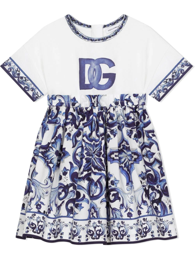 Shop Dolce & Gabbana Majolica-print Cotton Dress In Blue