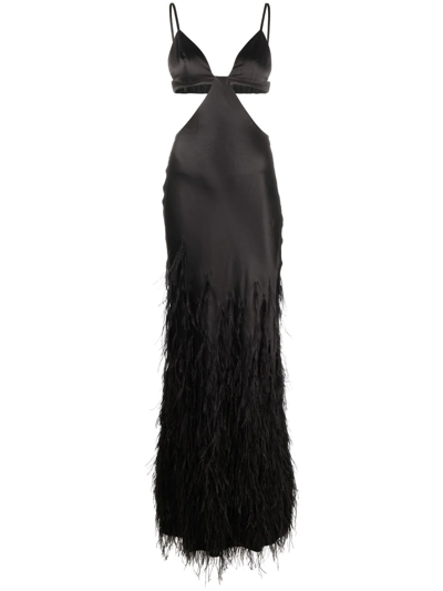 Shop Cult Gaia Cutout-detail Feather-trimmed Long Dress In Black