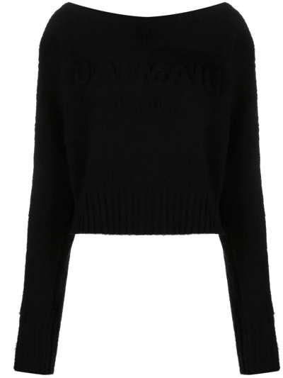 Balmain Raised-logo Boat-neck Jumper In Black