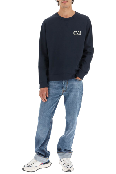 Shop Valentino Embroidered Cotton Sweatshirt In Blue