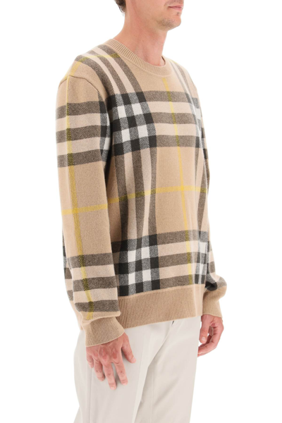 Shop Burberry Check Cashmere Sweater In Beige,black,yellow