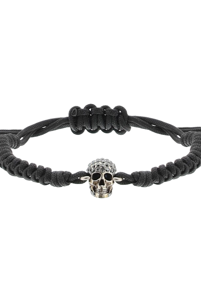 Shop Alexander Mcqueen Pave Skull Cotton Bracelet In Black,silver