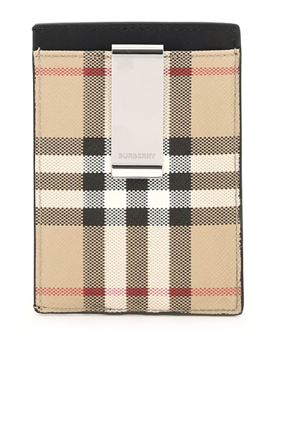 Shop Burberry Vintage Check Cardholder With Money Clip In Beige,white,black