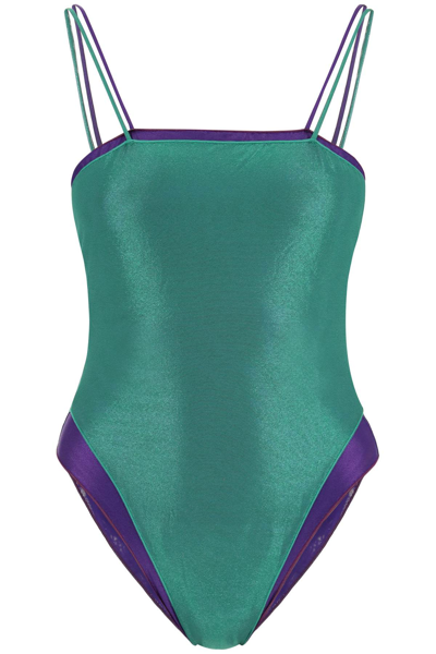 Shop Oseree Lamè Double Maillot Swimsuit In Green,purple