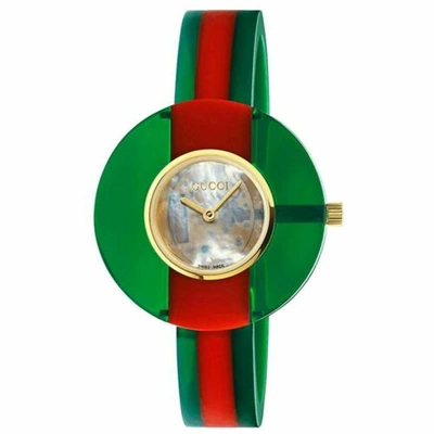 Pre-owned Gucci Ya143403 Women's Vintage Web Transparent Cream Mother Of Pearl Quartz