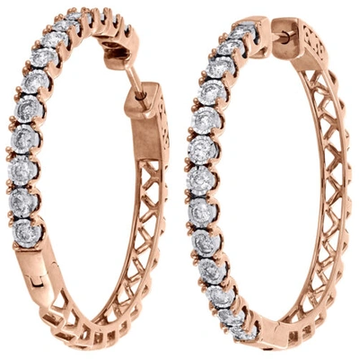Pre-owned Jfl Diamonds & Timepieces 10k Rose Gold Real Diamond One Row Bezel Set 1.35" Hoops Huggie Earrings 1 Ct. In White
