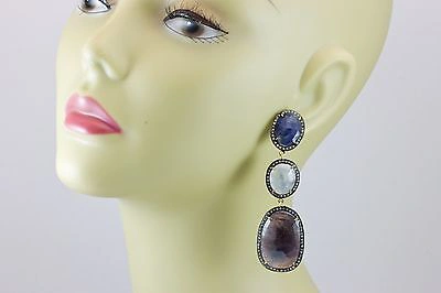 Pre-owned Spyglass Designs Red Blue White Sapphire Earrings Natural Raw Triple 14k Gold Filled Post Stud
