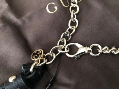 Pre-owned Gucci Auth.  Black Leather Tassel Chain Belt With Interlocking Gg Charm 95/38