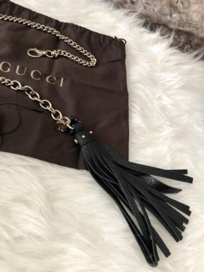 Pre-owned Gucci Auth.  Black Leather Tassel Chain Belt With Interlocking Gg Charm 95/38