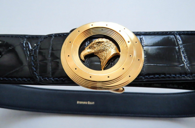 Pre-owned Stefano Ricci Blue Crocodile Leather With Eagle Gold Buckle Belt 40 Us 100 Cm