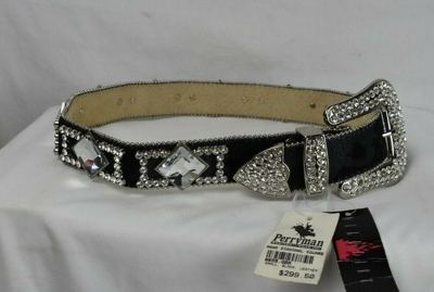 Pre-owned Wildfire Black  Leather And Crystal Belt Size 30-32