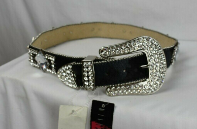 Pre-owned Wildfire Black  Leather And Crystal Belt Size 30-32