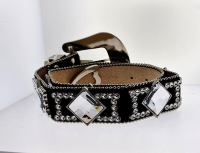 Pre-owned Wildfire Black  Leather And Crystal Belt Size 30-32